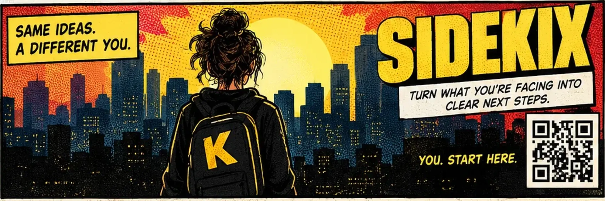 Comic panel: a person facing a city skyline under the words SIDEKIX, turn what you are facing into clear next steps, you start here