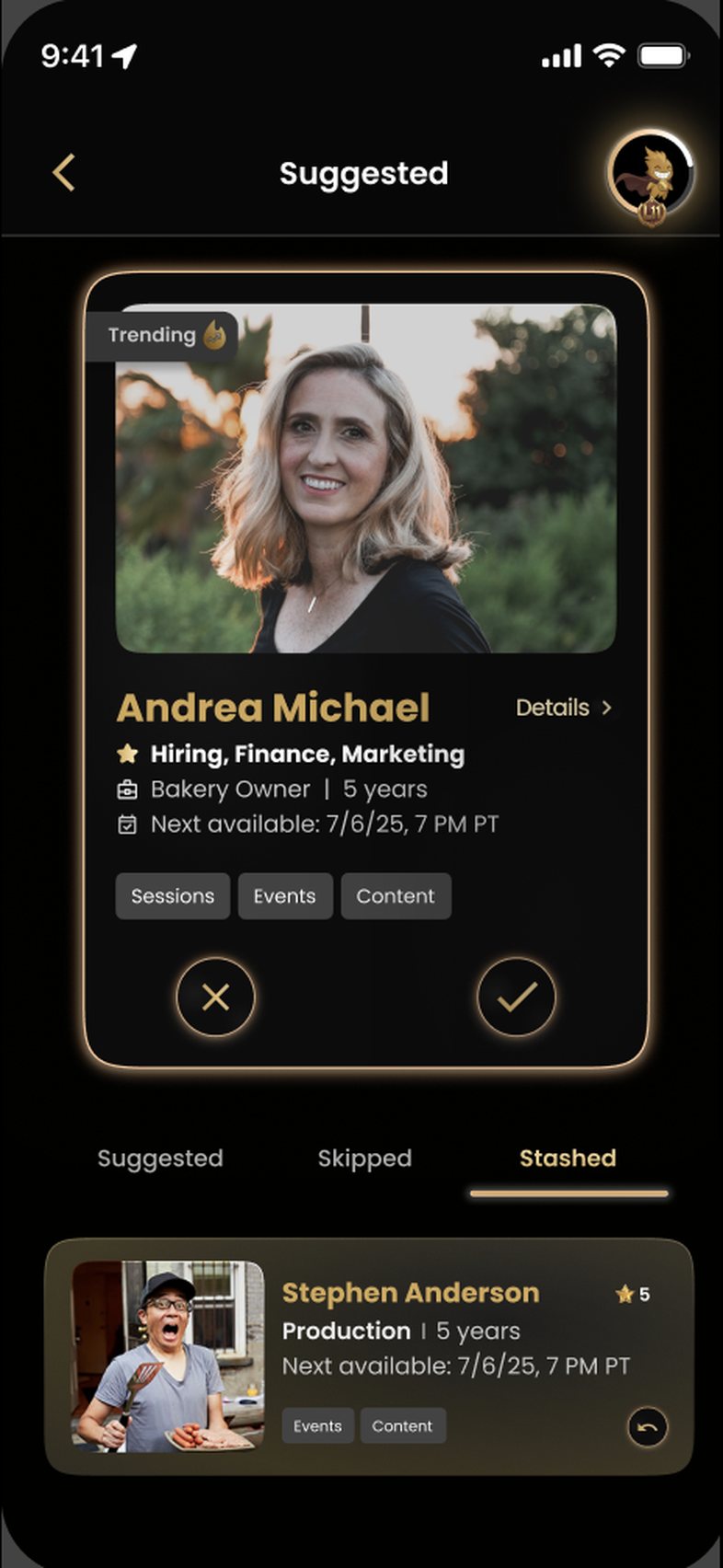 A suggested Advisor card for Andrea Michael, marked Trending, showing her specialties in hiring, finance and marketing, that she is a bakery owner with five years of experience, and her next available appointment. Buttons offer Sessions, Events and Content, with skip and keep controls below. Tabs read Suggested, Skipped and Stashed.