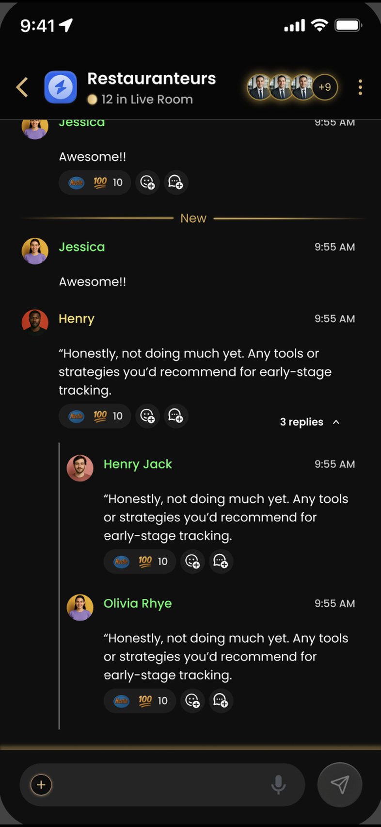 Inside the Restauranteurs room, with twelve members in the live room. Messages from Jessica and Henry are shown with reaction counts, and one message has three replies nested underneath it. A message box sits at the bottom.