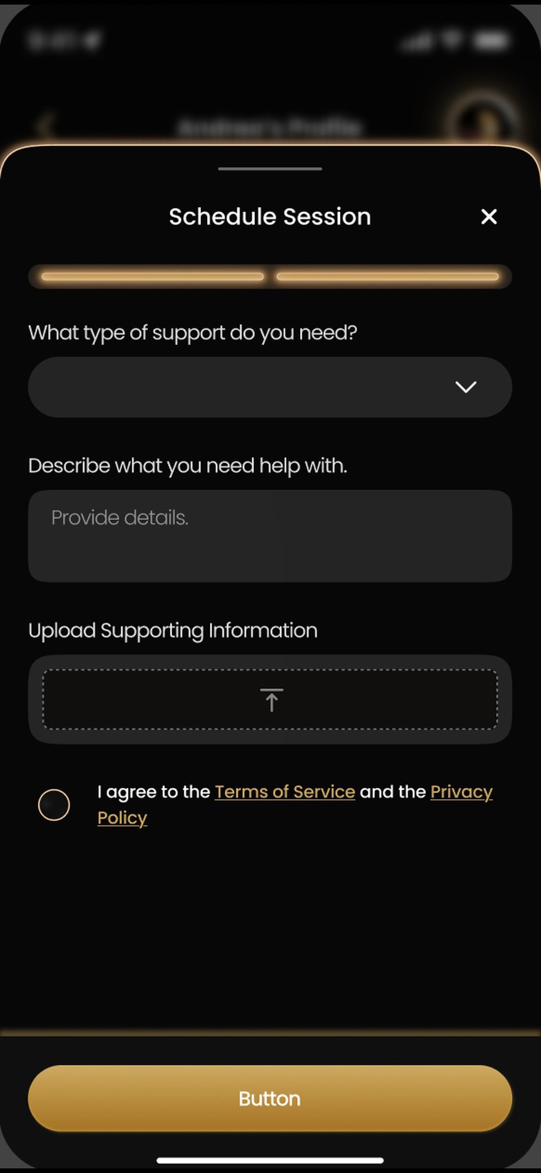 A booking form for an Advisor session. It asks what type of support you need, gives space to describe the problem, offers a file upload for supporting information, and has a checkbox agreeing to the terms before you continue.