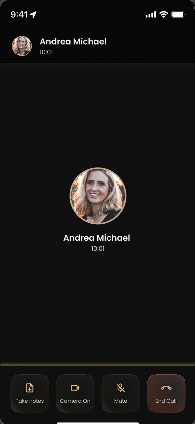 A live session with Andrea Michael, showing her photo and how long the call has been running. Along the bottom are controls to take notes, turn the camera on, mute, and end the call.