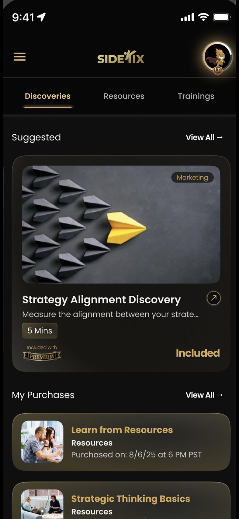 The Discovery library, with tabs for Discoveries, Resources and Trainings. A suggested item, Strategy Alignment Discovery, is marked five minutes and included with Premium. Below it a My Purchases list shows previously bought resources with their purchase dates.