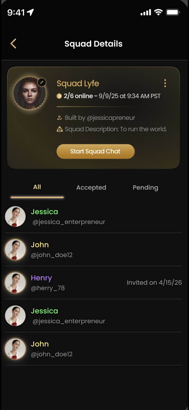 A squad page called Squad Lyfe, showing two of six members online, who created it, and a description. A Start Squad Chat button sits below, with tabs for All, Accepted and Pending, and a list of members with their usernames.