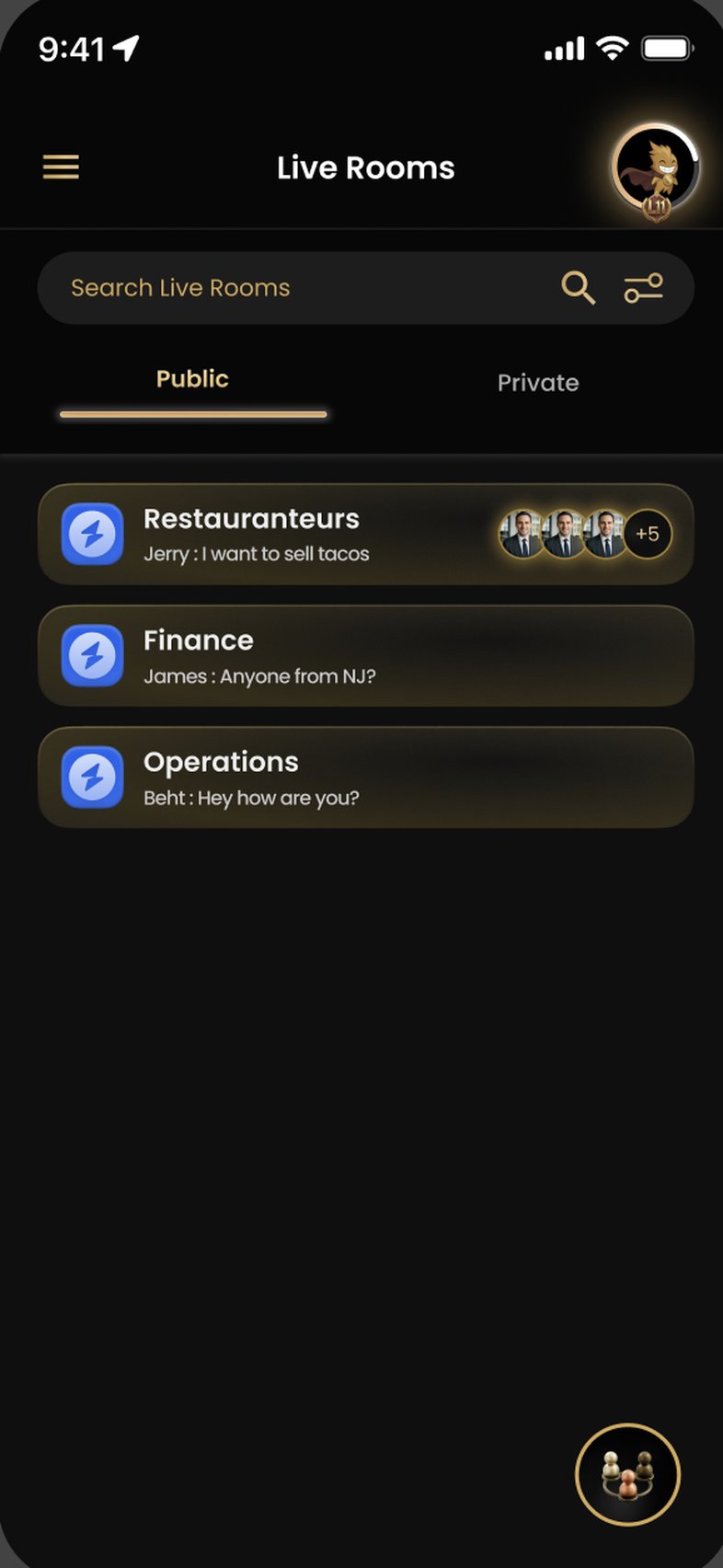 A list of live chat rooms with a search box and tabs for Public and Private. Three rooms are shown, Restauranteurs, Finance and Operations, each with the most recent message and the faces of members currently in the room.